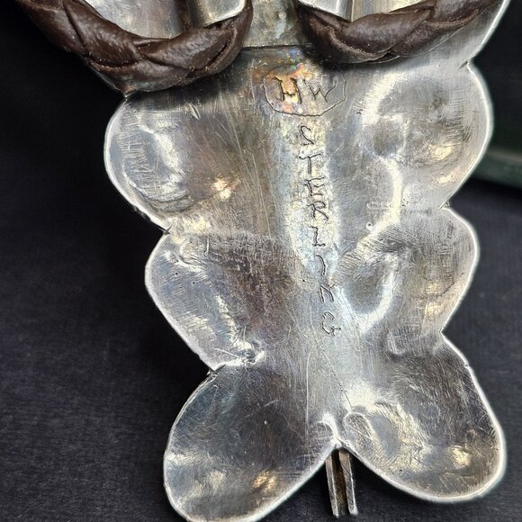 Navajo Turquoise Sterling Silver Bolo Tie Large Butterfly Signed HW. USA - Picture 9 of 12